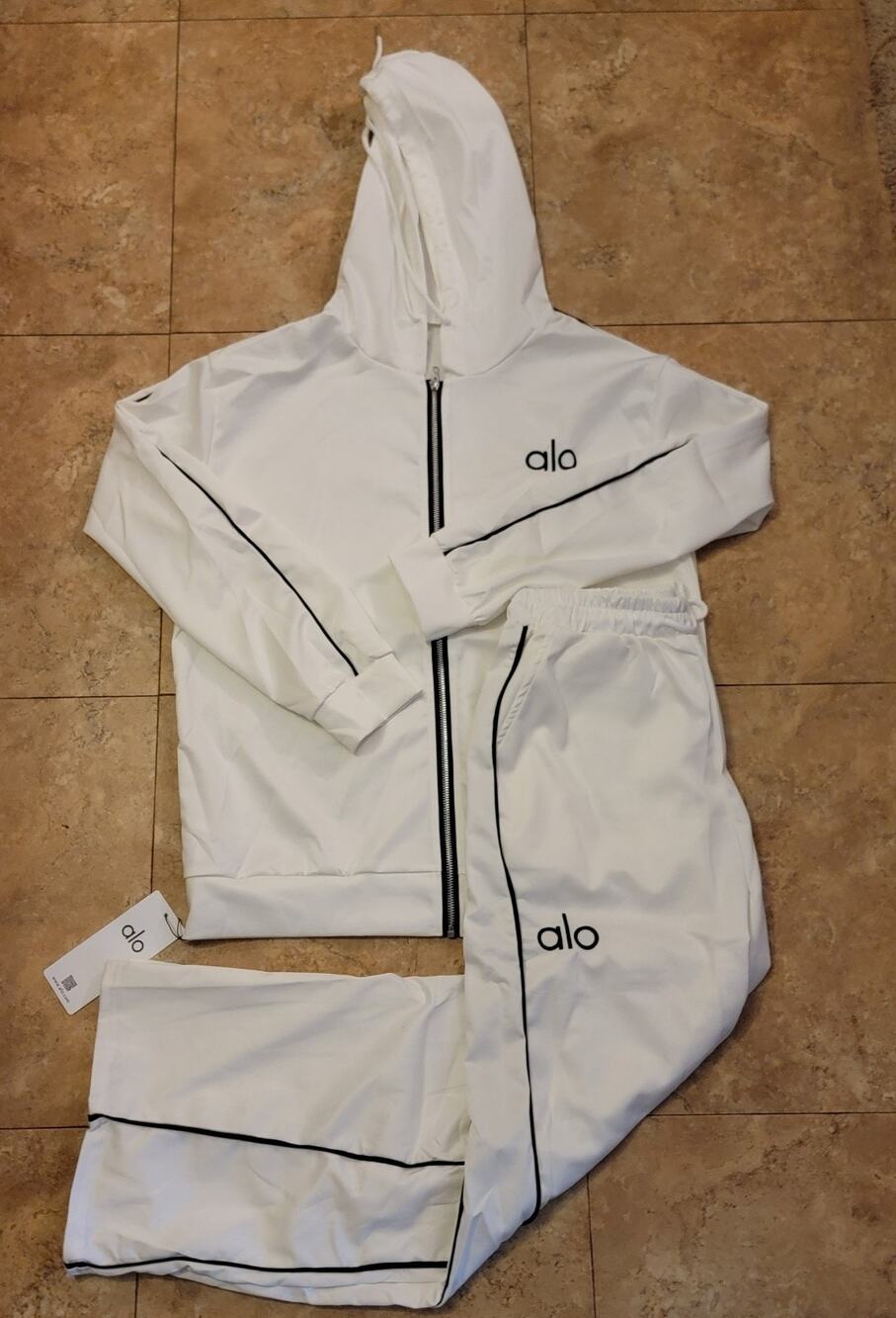 Women Sz Large White 2pc Wide Leg Hooded Knit Track Suit Travel Athleisure New